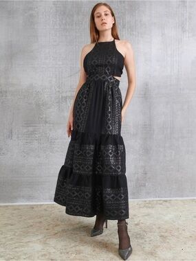 Lace the Label - Open Back Tiered Maxi Dress - Black Textured Boho